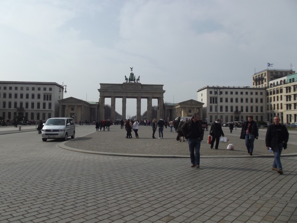 Plaza to the east of the Brandenburg Gate. The buildings on both side appear to be post reunification as the wall must have been here.