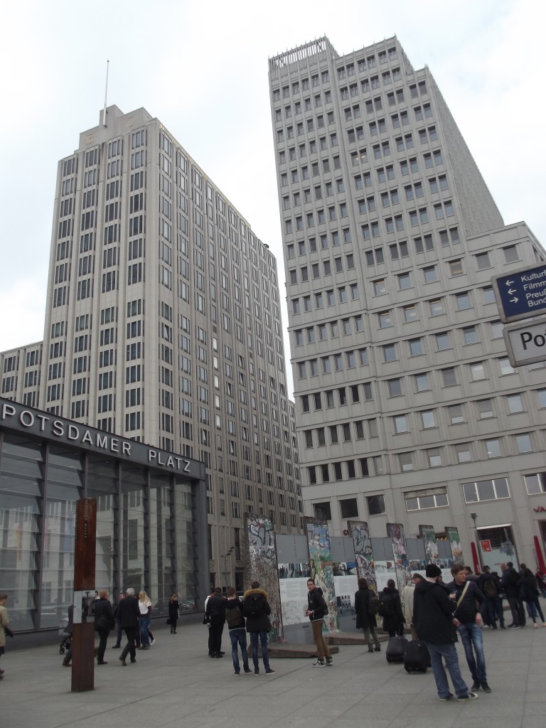 Potsdamer Platz and the high-rise buildings that were built after the fall of the wall. There are some sections of the wall that have been placed as artworks.