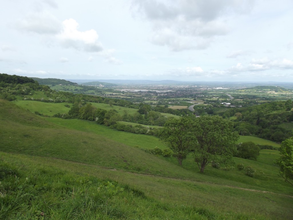 The view West towards Gloucestershire and beyond from the viewpoint at Birdlip, near Gloucester