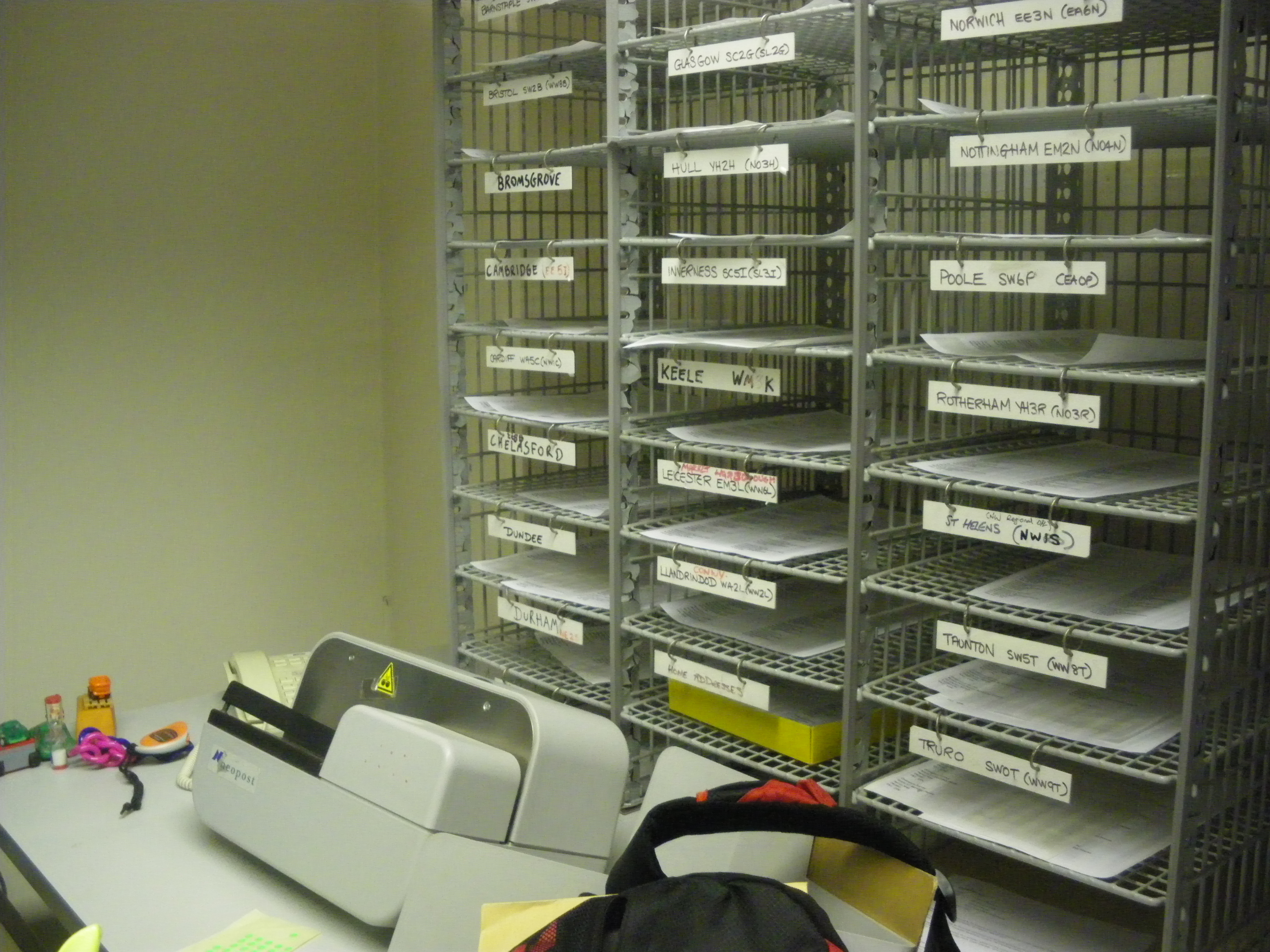 Field office mail racks in the Post Room (W005)
