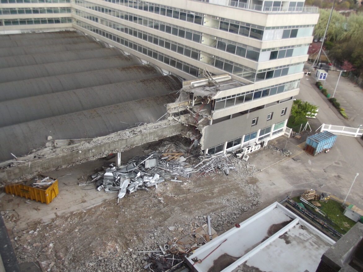 Demolition of third floor corridor seen from F Core Penthouse roof