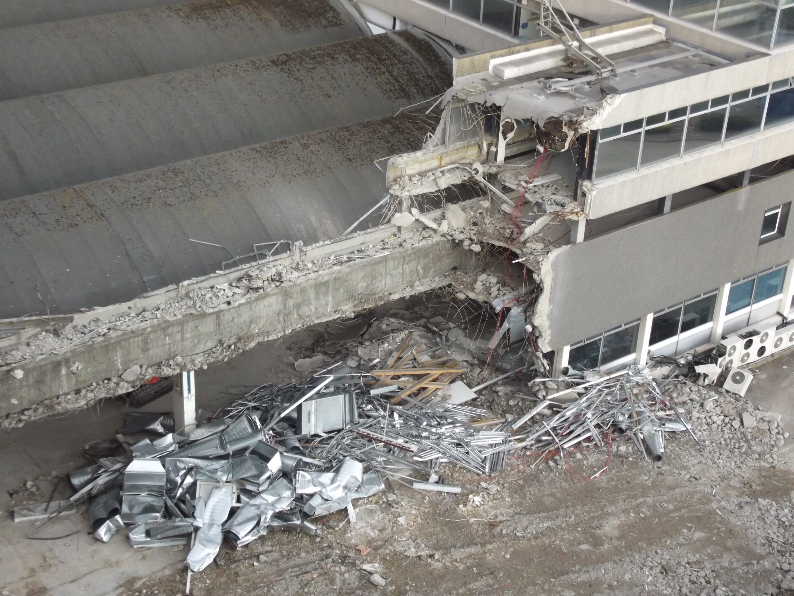 Demolition of third floor corridor seen from F Core Penthouse roof